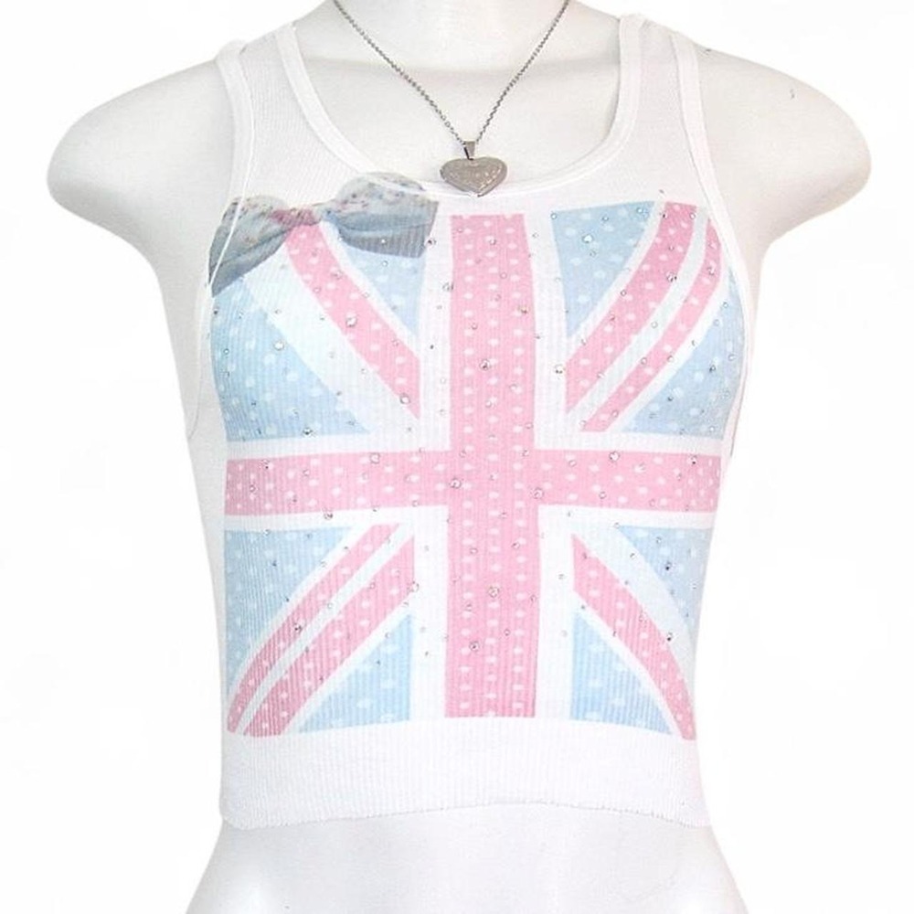 y2k white pink union jack rhinestone tank top
